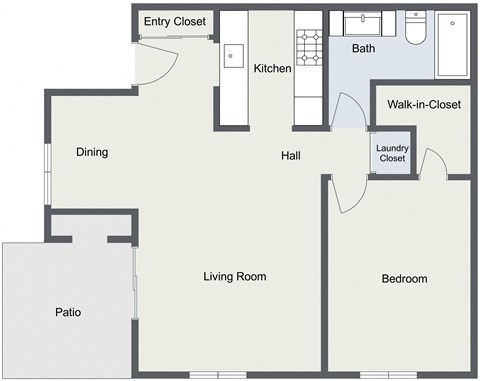 Floor plan for 1 bed, 1 bath, 688 sqft